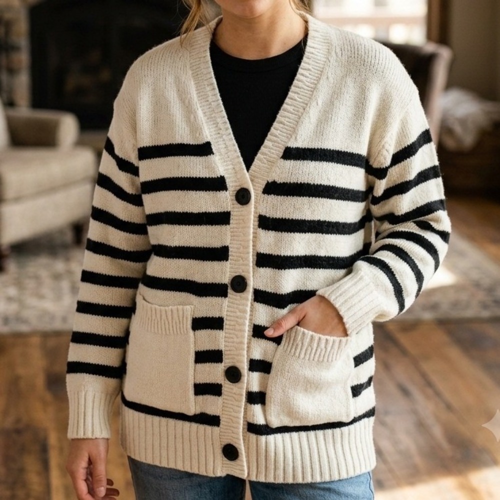 American Eagle Striped Button Front Cardigan Sweater Cream Black M Cottagecore